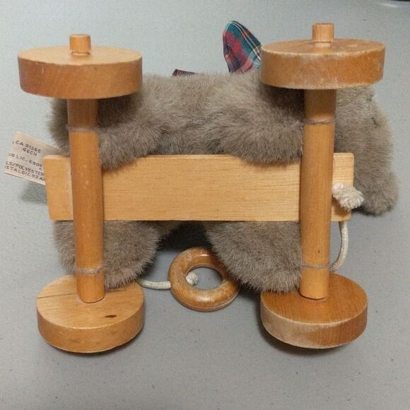 Applausse pull behind toy bear with tartan plaid scarf wheels faux fur - Picture 9 of 11